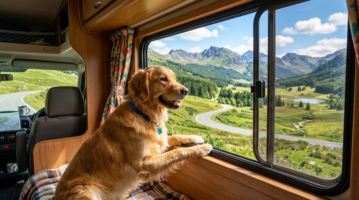 Hund schaut aus Wohnmobil-Fenster